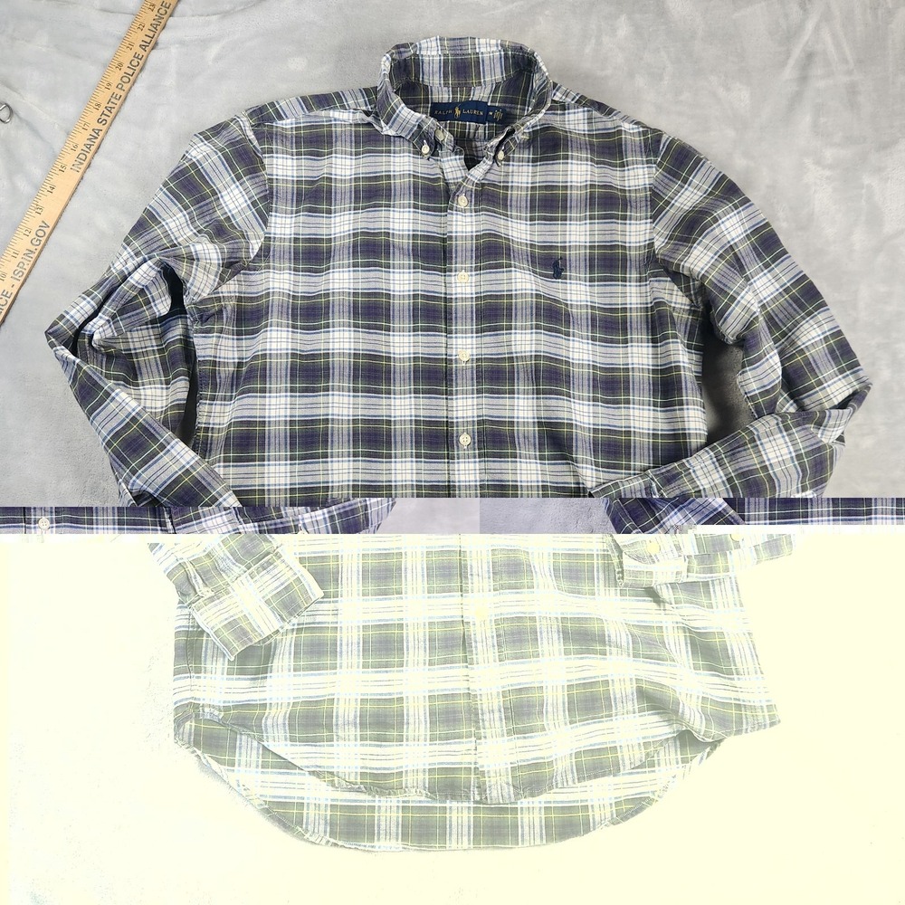Ralph Lauren Mens M Green‎ Blue White Plaid Button Down Flannel Long Sleeve